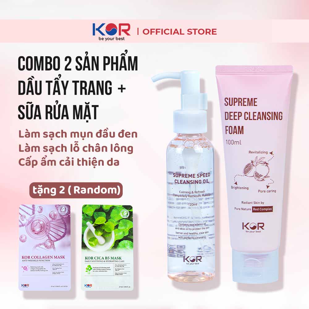 Combo 2: Dầu tẩy trang + Sữa rửa mặt KOR Hàn Quốc tặng 2 mặt nạ Kor ( Collagen hoặc Cica B5 )