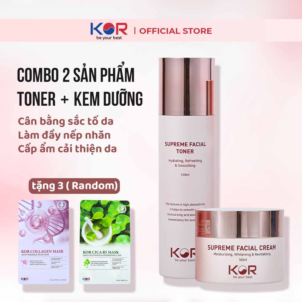 Combo 2: Toner + Kem dưỡng KOR Hàn Quốc tặng 3 mặt nạ Kor ( Collagen hoặc Cica B5 )