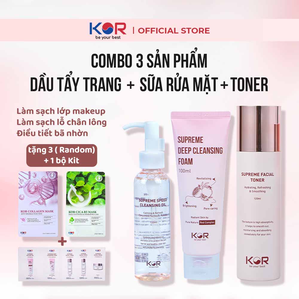 Combo 3: Dầu tẩy trang + Sữa rửa mặt + Kem dưỡng da KOR Hàn Quốc tặng 3 mặt nạ Kor (Collagen hoặc Cica B5) + Bộ KIT KOR