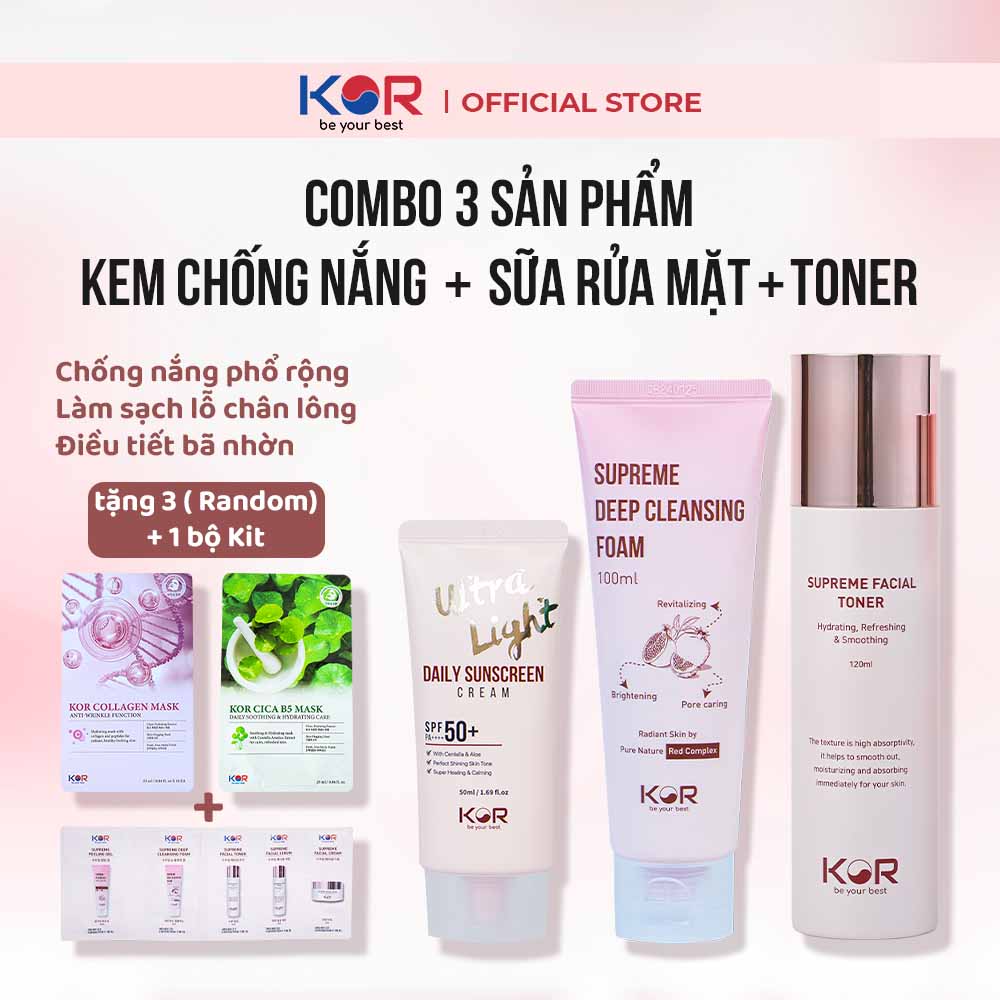 Combo 3: Kem chống nắng + Sữa rửa mặt + Toner KOR Hàn Quốc tặng 3 mặt nạ Kor ( Collagen hoặc Cica B5 ) + Bộ KIT KOR