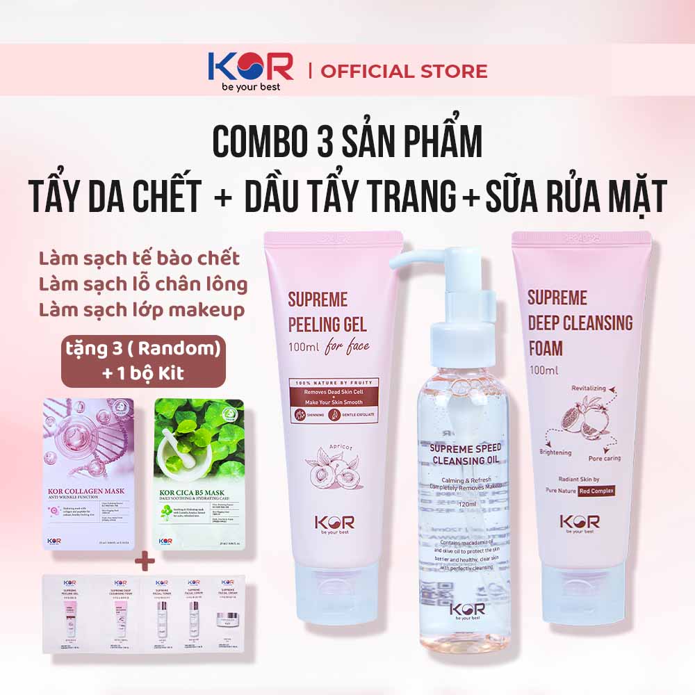 Combo 3: Tẩy da chết + dầu tẩy trang + Sữa rửa mặt KOR Hàn Quốc tặng 3 mặt nạ Kor ( Collagen hoặc Cica B5 ) + Bộ KIT KOR