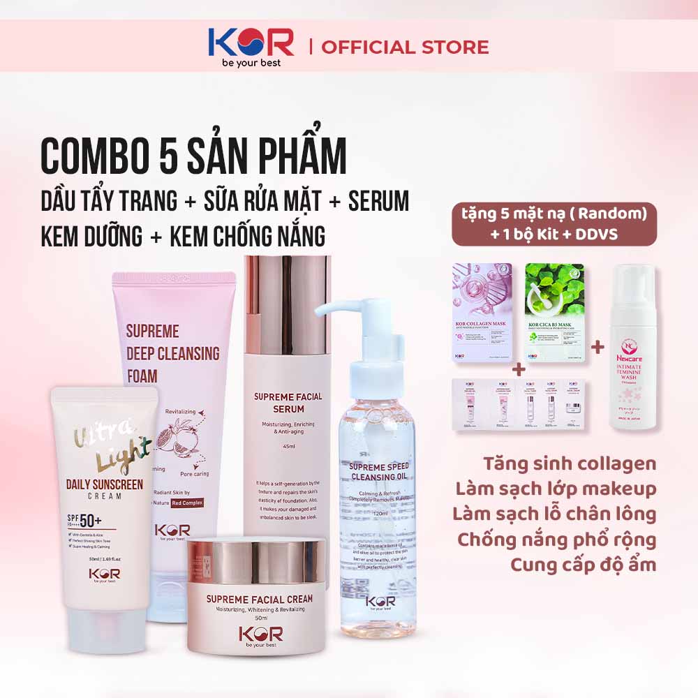 Combo 5: Dầu tẩy trang + Sữa rửa mặt + Serum + Kem dưỡng + Kem chống nắng KOR Hàn Quốc