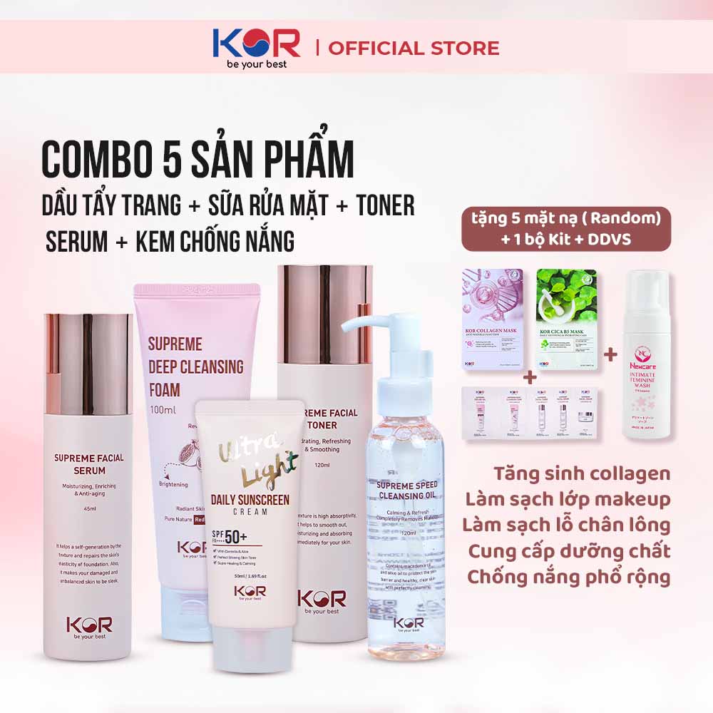 Combo 5: Dầu tẩy trang + Sữa rửa mặt + Toner + Serum + Kem chống nắng KOR Hàn Quốc
