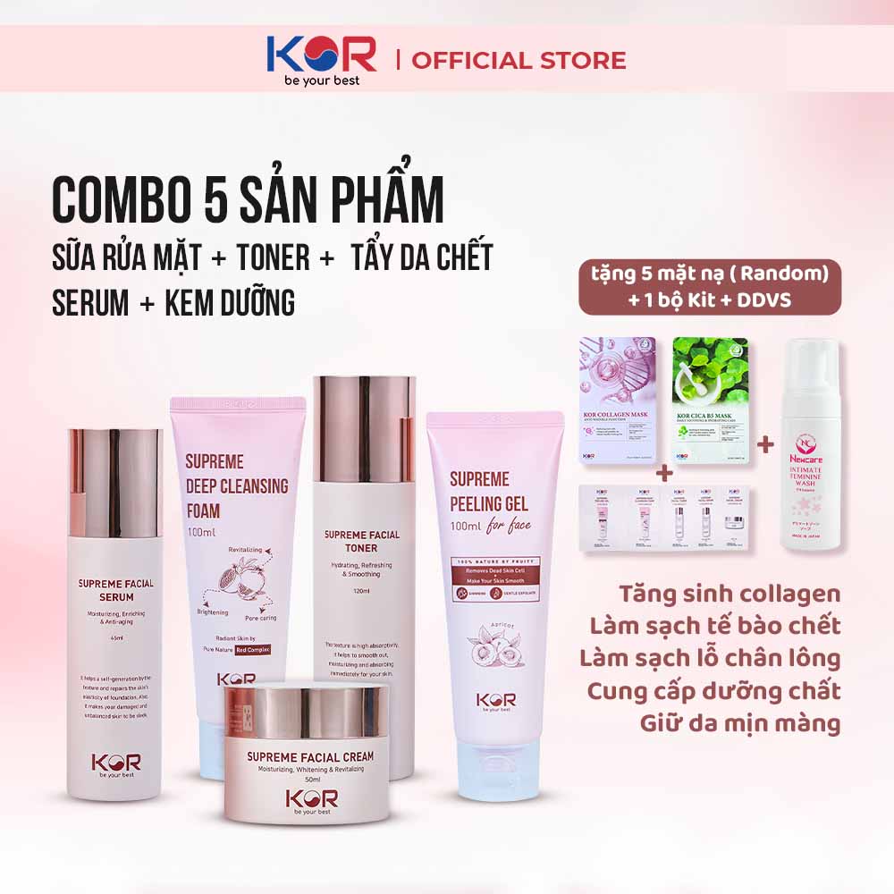 Combo 5: Sữa rửa mặt + Toner + Tẩy da chết + Serum + Kem dưỡng da KOR Hàn Quốc