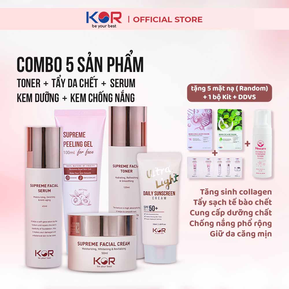 Combo 5: Toner + Tẩy da chết + Serum + Kem dưỡng + Kem chống nắng KOR Hàn Quốc