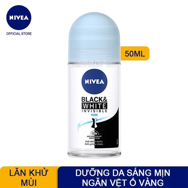Lăn Khử Mùi Dưỡng Da Sáng Mịn, Ngăn Vệt Ố Vàng Nivea Black & White Invisible Pure Anti-Perspirant Roll On 50ml