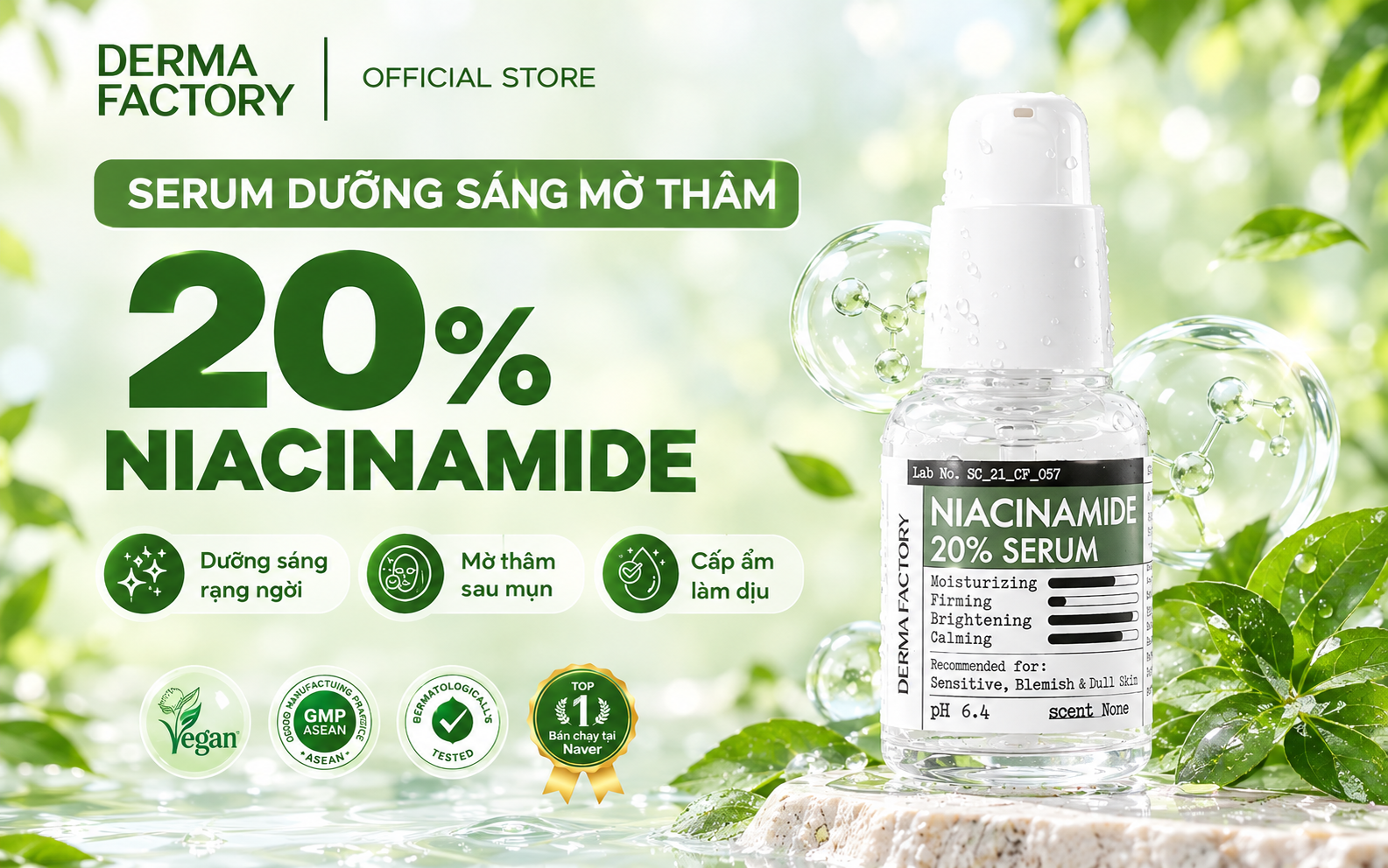 Serum Derma Factory Niacinamide 20% - Dưỡng Trắng, Mờ Thâm Mụn